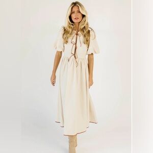 NWT Zoco Chappell Dress Midi Linen Blend Puff Sleeves Faux Leather Detail XL